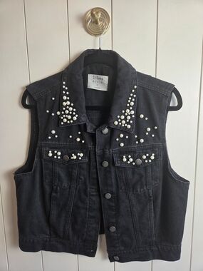 Ci Sono Black Denim Vest with Pearl Studs